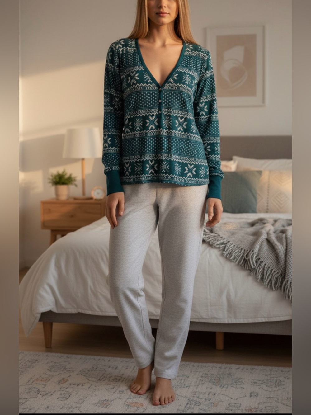 Victoria's Secret Pajama Thermal Sleeve Top Green Fair Isle & Warm Pants XL